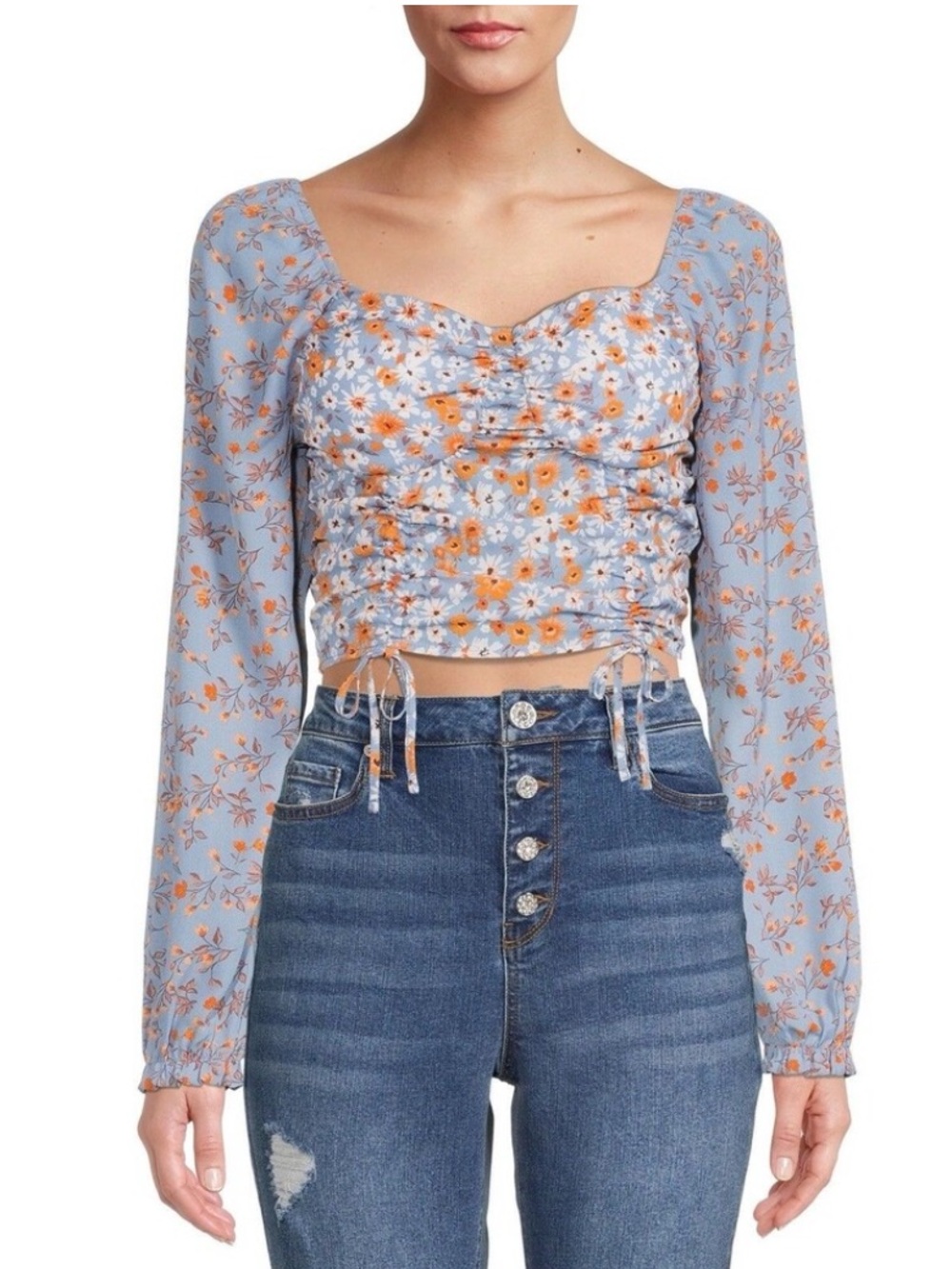 Madden NYC Blue Floral Corset Style Bustier Top Long Puff Sleeve Drawstring L